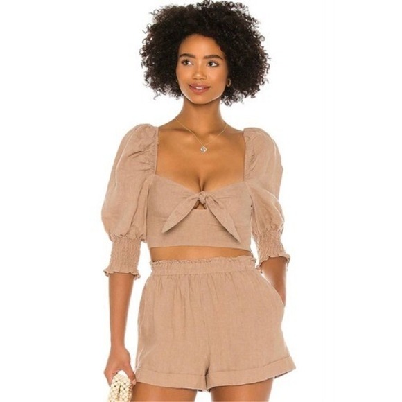 MAJORELLE Tops - MAJORELLE Conway Top Shirt Womens XS Brown Linen Puff Sleeve Tie Front Crop